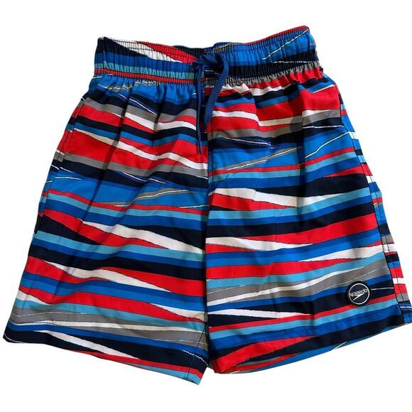 NWOT Speedo Stripe Lane Bondi Swim Shorts Blue Red Boys Medium - Picture 1 of 6